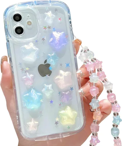 Vista 30 de Compatible con iPhone 11 Pro Funda Transparente Bonita con Diseño de Estrella con Purpurina en 3D con Perlas y Pulsera de Perlas, Diseño de Cadena