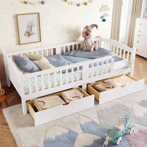 Vista 18 de Polibi Sofá cama de tamaño matrimonial, marcos de cama de día completo de madera con dos cajones y barandillas de seguridad para dormitorio, sala