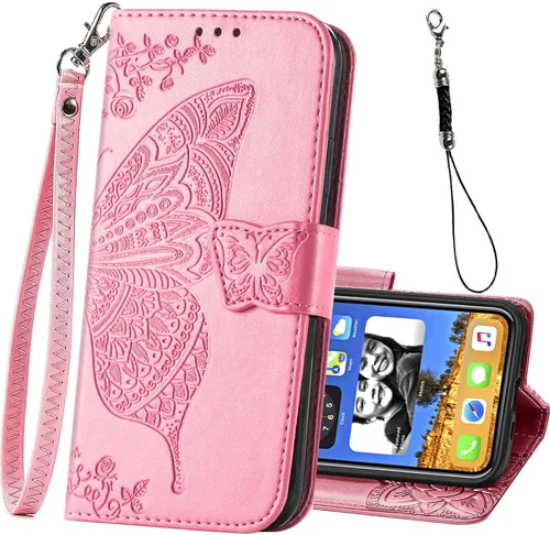 Vista 11 de Funda tipo cartera para iPhone 12 Pro/iPhone 12 para mujer, color Butterfly Emboss Flip Folio Cuero PU, soporte, ranuras para tarjetero, correa