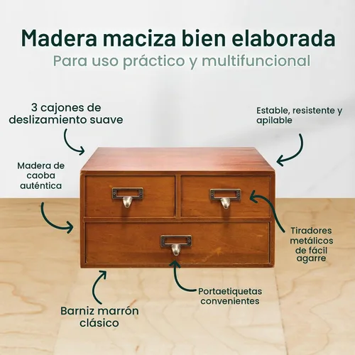 Vista 3 de Gabinete de boticario modular apilable de escritorio con 3 cajones, boticario de madera maciza para mesa, cajones de catálogo de tarjetas