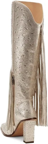 Vista 4 de CKSNDLF Botas con borlas y diamantes de imitación para mujer, punta cuadrada, tacón grueso, botas altas hasta la rodilla