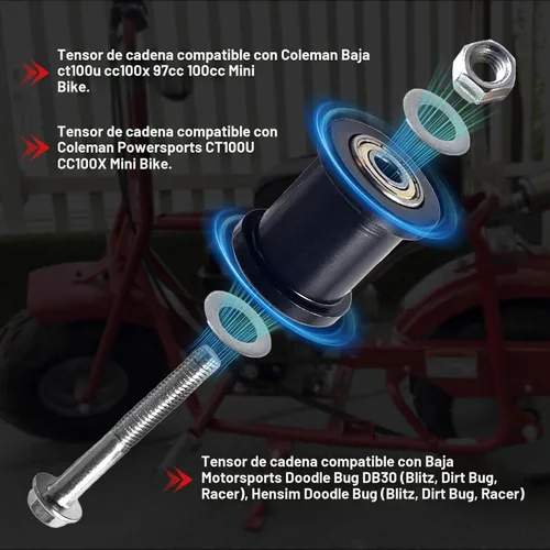 Vista 3 de Tensor de Cadena de Bicicleta Mini de 8 mm con Rodillo de 1-3/4" adecuado para Coleman CT100U CC100X, Baja Doodlebug DB30, Motovox MBX10/MBX11 Negro