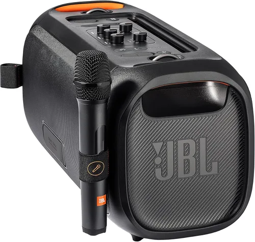 Vista 3 de Altavoz Bluetooth JBL Party On-The-Go con micrófono 100W de sonido profesional, espectáculo de luces dinámicas, IPX4 a prueba de salpicaduras