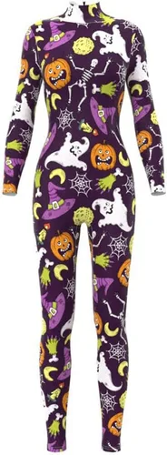 Vista 7 de Sister Amy Disfraz de esqueleto de calavera para mujer de Halloween, traje ajustado de una pieza J-colorido esqueleto