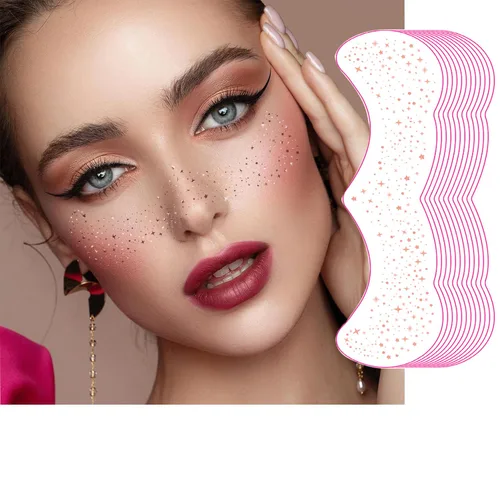 Vista 10 de Tatuaje facial de pecas con purpurina, 12 hojas de pecas impermeables con purpurina facial marrón, parches de maquillaje, tatuajes faciales