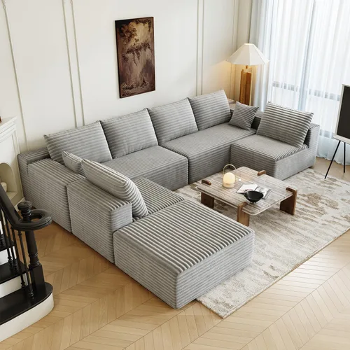 Vista 12 de Sofá modular modular de 139.4 pulgadas, sofás minimalistas en forma de L con diván de asiento medio, moderno sofá convertible de asiento profundo