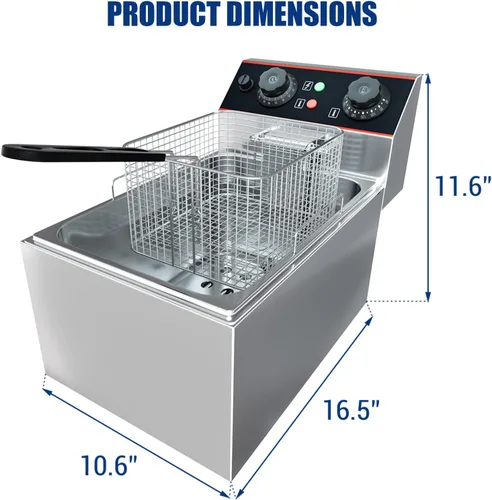 Vista 2 de GarveeHome Freidora comercial con canasta, 6.3 QT/6 L de acero inoxidable freidora eléctrica para encimera con control de temperatura