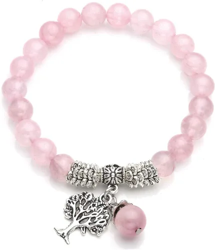 Vista 6 de Jovivi Juego de 2 piezas de adorno de bonsái de árbol de dinero de cristal de cuarzo rosa y árbol de dinero, pulsera elástica de árbol de la vida