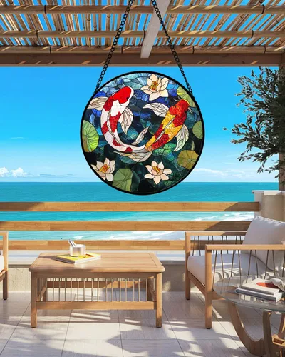 Vista 5 de Atrapasoles de Vidrio Manchado para Colgar en Ventanas, Koi y Loto para Puerta, Decoración del Hogar, Atrapasoles de Pescado, Regalos de Navidad