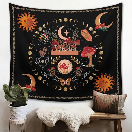Vista 4 de Ftuency Tapiz de hongos y plantas naturales, tapices de fase lunar, decoración de flores estéticas para colgar en la pared para dormitorio, hogar