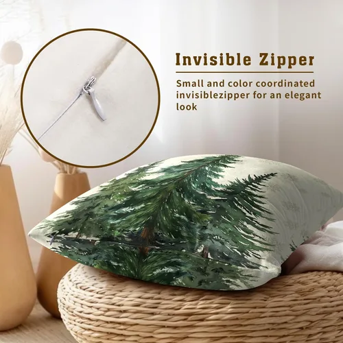 Vista 3 de Fundas de Almohada de Bosque de Pinos 22x22 Juego de 2, Fundas de Almohada Decorativas de Árboles de Abeto y Cedro Verde Nieve Beige de Invierno