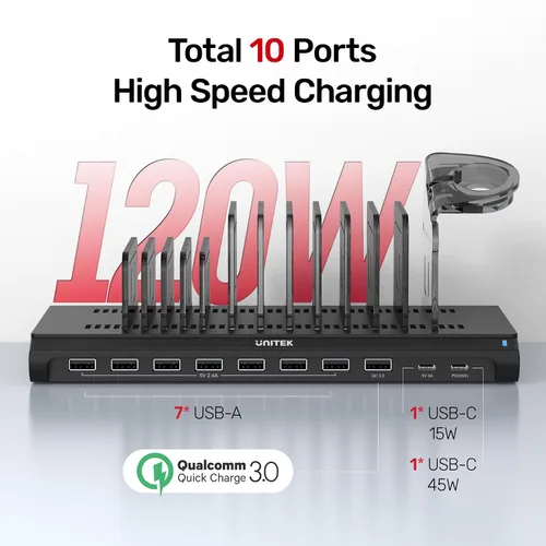 Vista 2 de Unitek Estación de carga USB de 120 W, 10 puertos rápidos, concentrador de carga múltiple para múltiples dispositivos Apple con puerto QC 3.0 PD