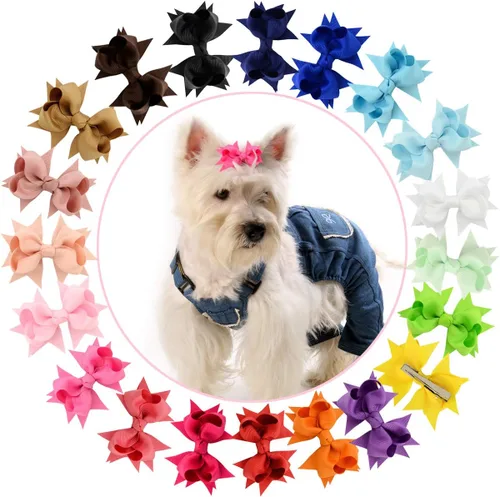 Vista 2 de YOY 20 adorables lazos para el pelo de perro con clips y 1000 bandas de goma y 1 peine de acero para peluquería, nudo superior de cachorro, moño