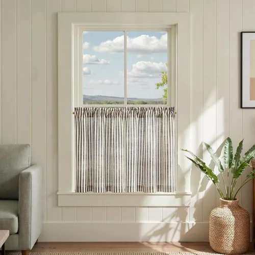 Vista 17 de Jinchan - Cortinas de lino a rayas para cocina, 24 pulgadas, beige, 2