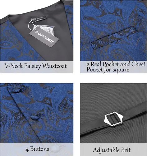 Vista 3 de COOFANDY Conjunto de chaleco de cachemira para hombre, 3 piezas, chaleco formal, chaleco de esmoquin con bolsillo cuadrado