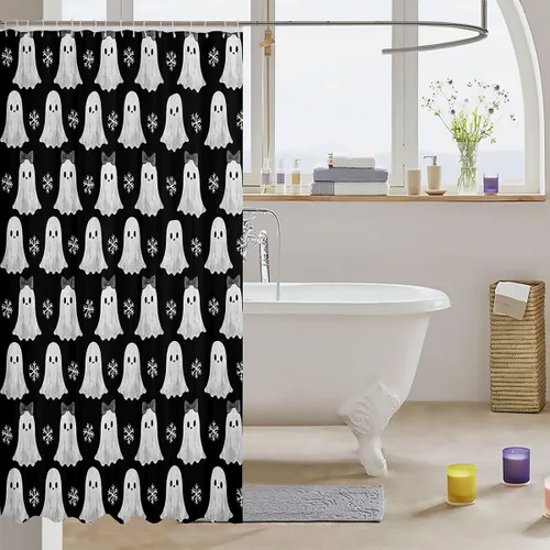 Vista 3 de Happy Halloween Shower Curtain,Bowknot Snowflake Pattern Bathroom Curtains,Sweet Ghost Holiday Theme Waterproof Bath Curtain,Black Bathroom Curtains