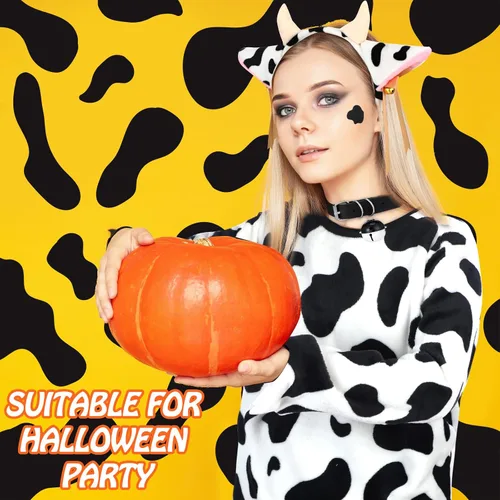 Vista 4 de Conjunto de disfraz de vaca de Halloween para mujer, pijama de vaca con orejas de vaca con colas de cuerno, gargantilla de campana, etiqueta