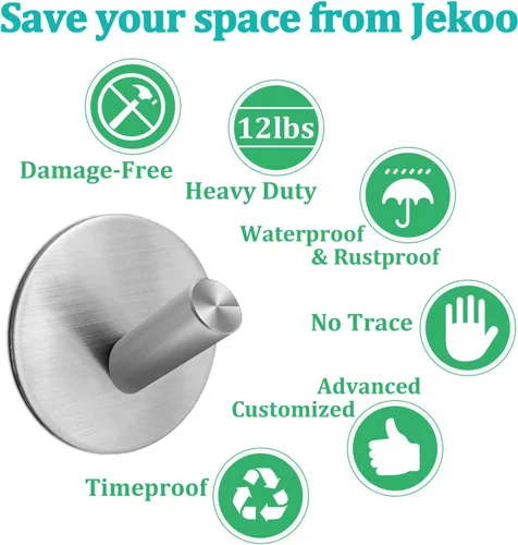 Vista 3 de Jekoo Ganchos adhesivos, ganchos para toallas, gancho de pared resistente para colgar con acero inoxidable SUS304 para ducha, baño, cocina, oficina