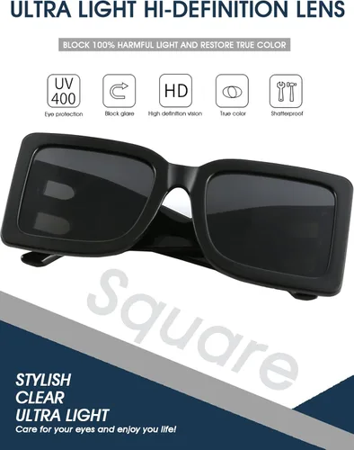 Vista 5 de PORADAY Gafas de sol cuadradas grandes de moda para mujeres y hombres marco grueso negro de moda gafas de sol de diseñador de lujo marco grande