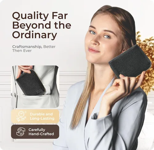 Vista 6 de Claasico Cartera Bifold para mujer con bloqueo RFID Cartera de piel auténtica con cremallera y bolsillo para monedas para mujer Elegante soporte