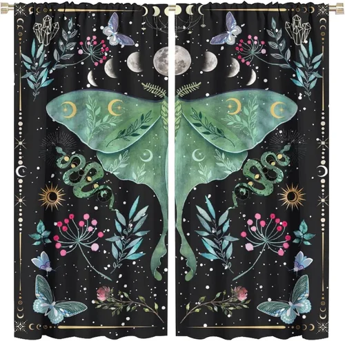 Vista 49 de Cortinas de mariposa de fantasía, polilla, sol, luna, estrella, arte floral, estampado floral, bolsillo para barra, cortinas opacas para ventana
