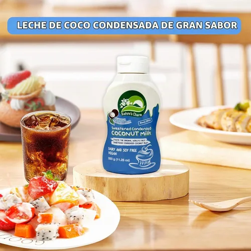 Vista 6 de Nature's Charm - Leche de coco condensada endulzada, botella para apretar, sin lácteos y soja, vegana, sin lactosa, sin gluten. Rico sabor a coco