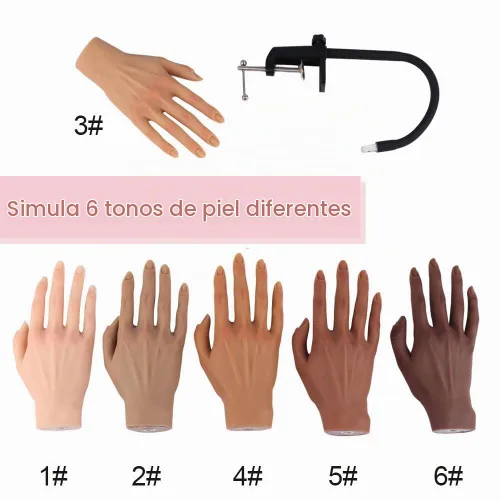 Vista 3 de Mano de práctica de silicona para uñas acrílicas, manos de maniquí para práctica de uñas con soporte ajustable, mano falsa de tamaño real para uñas