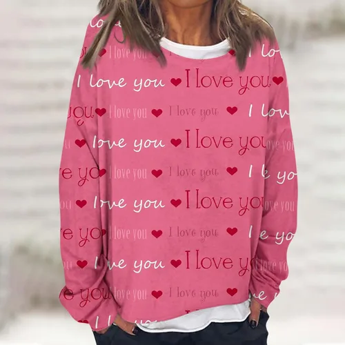 Vista 2 de Sudaderas para el día de San Valentín para mujer, cuello redondo, manga larga, con estampado de corazones, blusas casuales