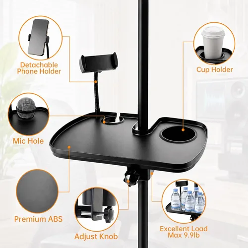 Vista 5 de Bandeja de soporte para micrófono con soporte para teléfono, abrazadera grande de 12.2 pulgadas en la mesa de estante Fits 0.4"-2" pole. Hold 9.9