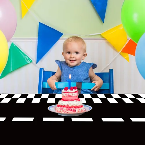 Vista 8 de Mantel de plástico de 3 piezas con dos decoraciones de cumpleaños rápido, con bandera a cuadros, funda de mesa desechable para niños