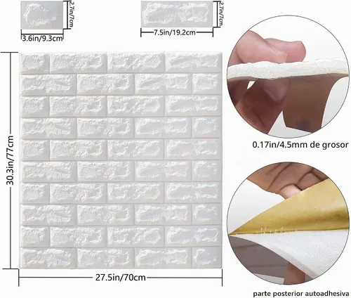 Vista 2 de MYOYAY - 10 paneles de pared 3D para despegar y pegar, 27.5 x 30.3 pulgadas (en suma, 57 pies cuadrados), papel tapiz de ladrillo blanco, paneles