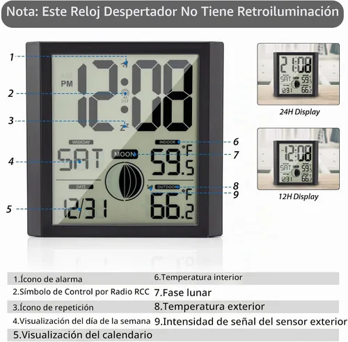 Vista 3 de Reloj de pared atómico con pantalla de números grandes