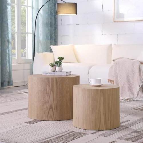 Vista 11 de Juego de 2 mesas de centro anidadas, modernas mesas de centro redondas de madera, mesa auxiliar decorativa para espacios pequeños, sala de estar
