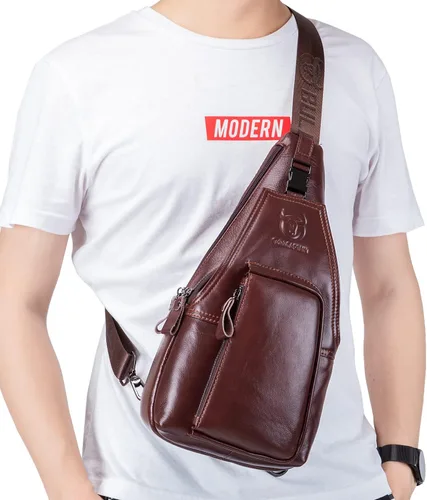 Vista 2 de Hebetag Bolso bandolera de cuero casual para hombres y mujeres, #01marrón, Tamaño único, Bolso bandolera de cuero de moda para hombre