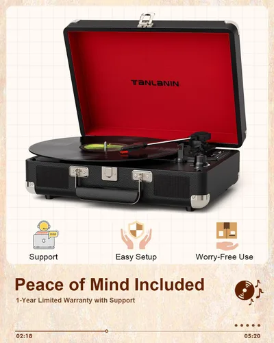 Vista 14 de TANALNIN - Tocadiscos de vinilo, tocadiscos portátil de maleta con Bluetooth de 3 velocidades con altavoces integrados, grabación USB, salida RCA