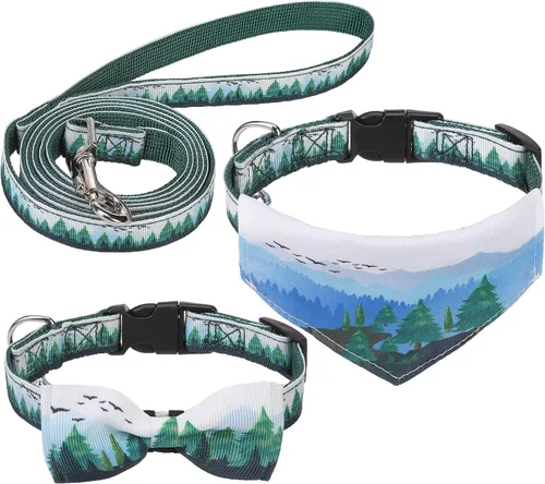 Vista 28 de EXPAWLORER Juego de collar y correa para cachorros, collar clásico a cuadros para perros pequeños con corbatín, bonito juego de collar y correa