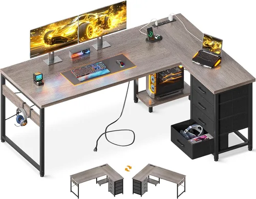 Vista 17 de AODK Escritorio para juegos en forma de L con 4 cajones, escritorios reversibles de oficina en casa de 53 pulgadas con tomas de corriente