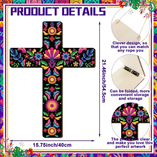 Vista 2 de Pinkunn 2 piezas de decoración de pared con cruz floral mexicana, arte de pared mexicano pintado a mano, decorativo, inspirador, cruz floral