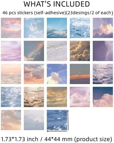 Vista 2 de Calcomanías para álbum de recortes, kit de papel estético de cielo, planificador de diario, diario, diario, suministros decorativos, 46 piezas/caja