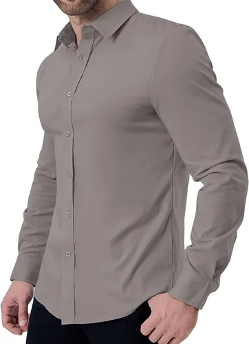 Vista 2 de ZAFUL Camisas de vestir elásticas sin arrugas para hombre, camisa de algodón casual con botones de manga larga