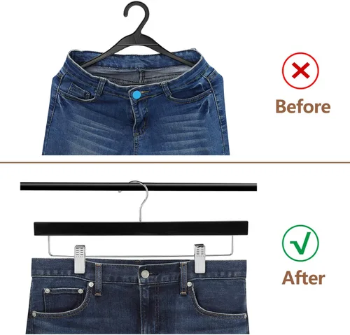 Vista 5 de AMKUFO 20 piezas de perchas de madera para pantalones, perchas sólidas para pantalones con clips ajustables de 14 pulgadas, perchas de madera negra