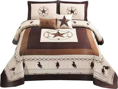 Vista 7 de Western Collection Edredón de lujo con cojines para el hogar, 5 piezas, estrellas occidentales y caballos, vaquero, colcha de gran