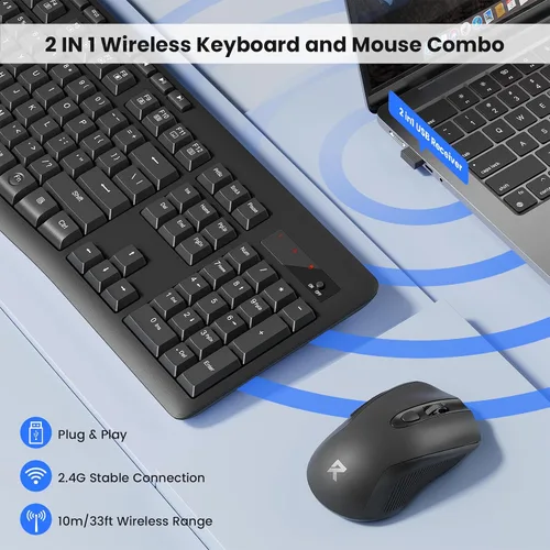 Vista 2 de Redragon Combo de teclado y mouse inalámbricos, teclado ergonómico de computadora de tamaño completo de 2.4 G con mouse inalámbrico ajustable DPI