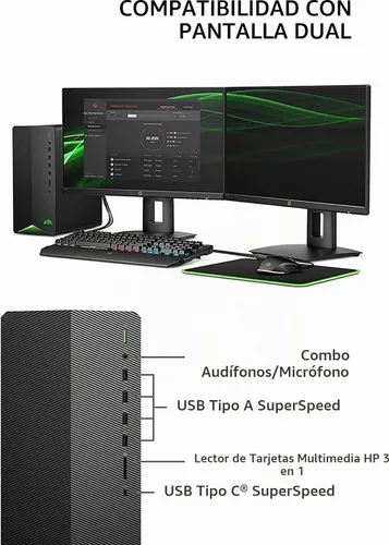 Vista 2 de HP Escritorio Pavilion Gaming TG01 2022 para juegos, procesador Intel Core i5-10400F, NVIDIA GeForce RTX 3060, 9 puertos, HDMI, Wireless-AC