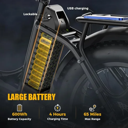 Vista 4 de Heybike Ranger 2.0 Foldable Electric Bike for Adults, 20"×4 Fat Tire Ebike with 1400W Peak Motor, 28 MPH Max Speed, 600Wh Removable Battery, Up to