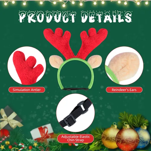 Vista 4 de BWOGUE Conjunto de Diadema de Cuernos de Alce Reno de Navidad para Perro y Bufanda de Rayas Rojo-Blanco-Verde, Disfraz de Navidad para Mascotas