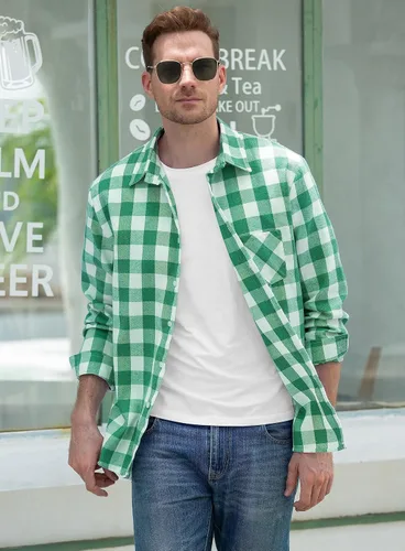 Vista 5 de SANGTREE Camisa de franela de manga larga con botones para hombres y niños, tallas desde 3 meses hasta 9XL de adulto de EE. UU., Verde, blanco