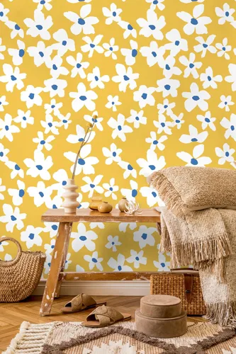 Vista 4 de HAOKHOME Papel Tapiz Amarillo Despegar y Pegar Floral Amarillo/Blanco/Azul Papel de Pared Removible para Dormitorio Baño Papel de Contacto Adhesivo
