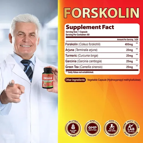 Vista 3 de Forskolina Suplementos Cápsulas con cúrcuma curcumina, Arjuna, Garcinia Cambogia, Té Verde - 60 Cápsulas