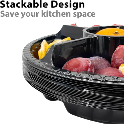 Vista 6 de 12 bandejas desechables para frutas, bandeja redonda de plástico para servir aperitivos con tapa, 5 compartimentos, platos de fiesta, recipientes